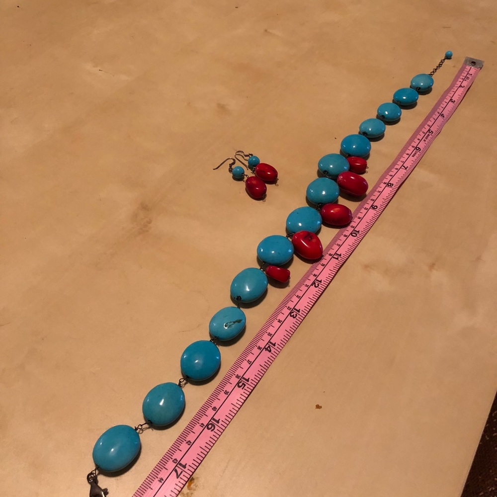Turquoise & coral sterling necklace earring set - Picture 5 of 5